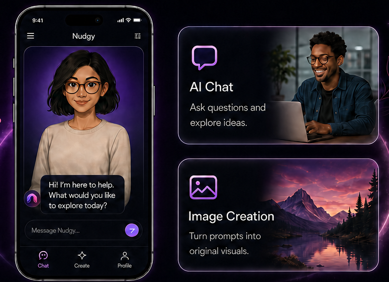 Nudgy chat interface with AI Chat and Image Creation previews